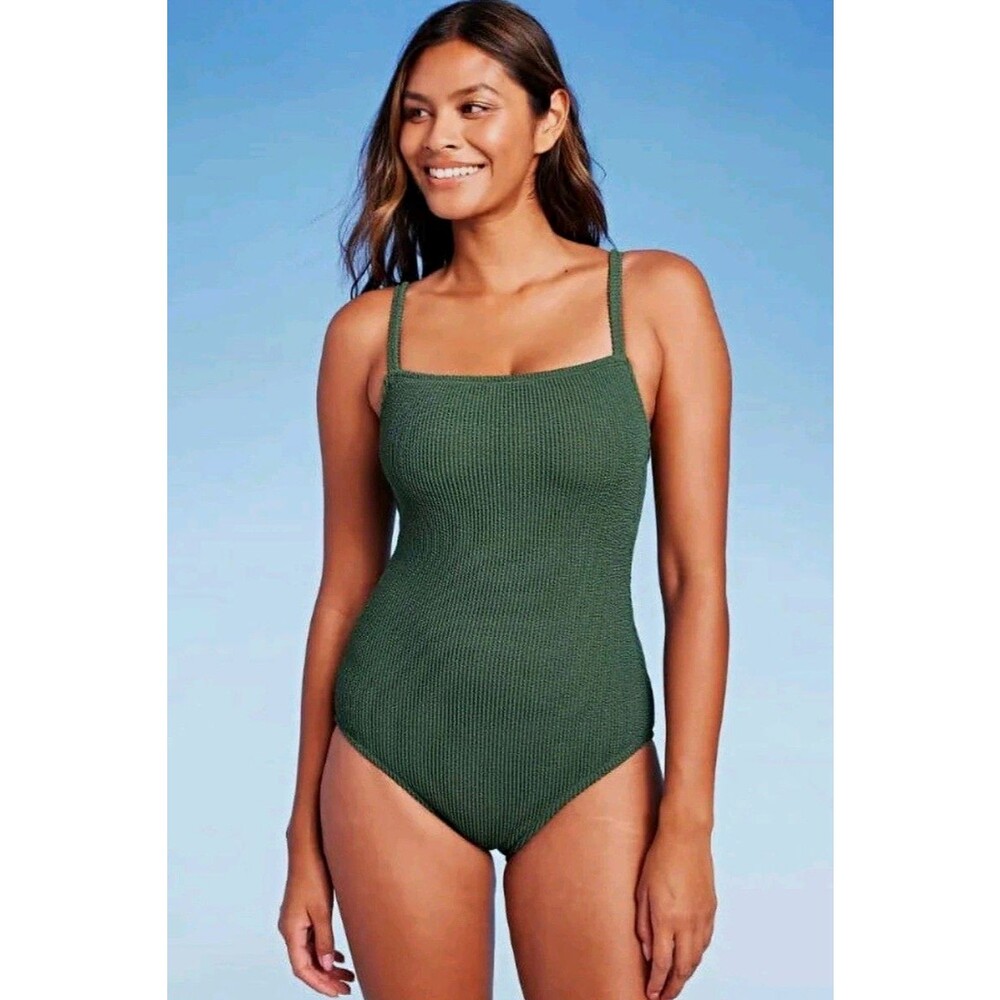 Kona Sol Green Solid Textured One-Piece Swimsuit Women L Full Coverage